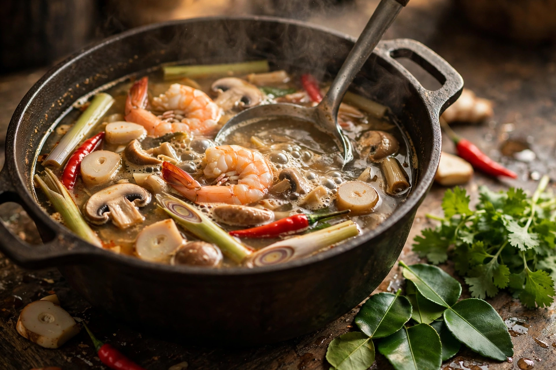 Thai Suppe Rezept – dampfende Tom Yum Suppe mit Garnelen, Zitronengras und Chili im Topf