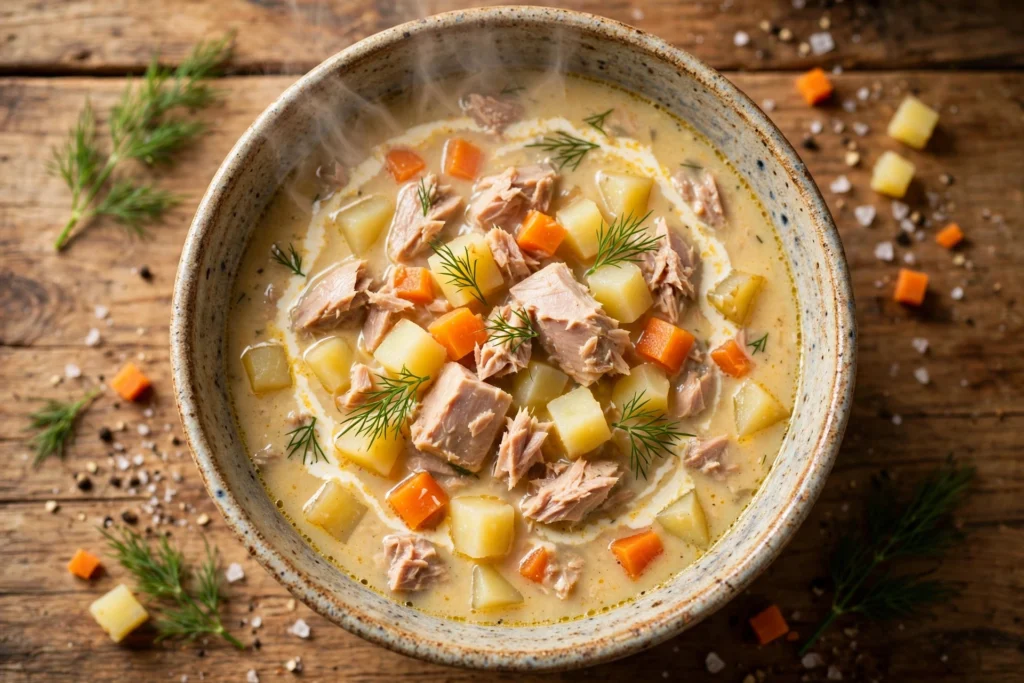 Thunfisch Suppe Rezept – cremige Thunfischsuppe mit Kartoffeln, Karotten und Dill in rustikaler Schale