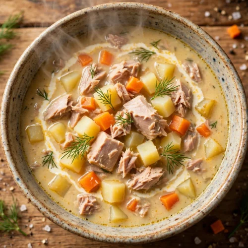 Thunfisch Suppe Rezept – cremige Thunfischsuppe mit Kartoffeln, Karotten und Dill in rustikaler Schale