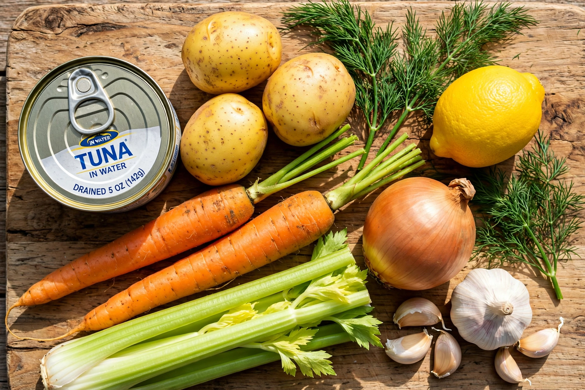 Thunfisch Suppe Rezept – Zutaten im Überblick: Thunfisch aus der Dose, Kartoffeln, Karotten, Sellerie, Zwiebel, Zitrone und Dill auf einem Holzbrett