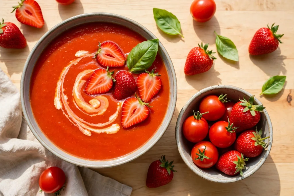 Tomaten Erdbeer Suppe Rezept – kalte Tomaten-Erdbeer-Suppe mit Crème fraîche, Erdbeerhälften und Basilikum in einer Schale