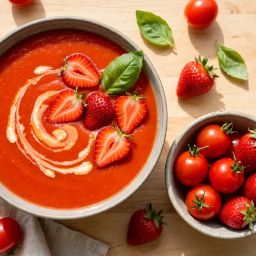 Tomaten Erdbeer Suppe Rezept – kalte Tomaten-Erdbeer-Suppe mit Crème fraîche, Erdbeerhälften und Basilikum in einer Schale