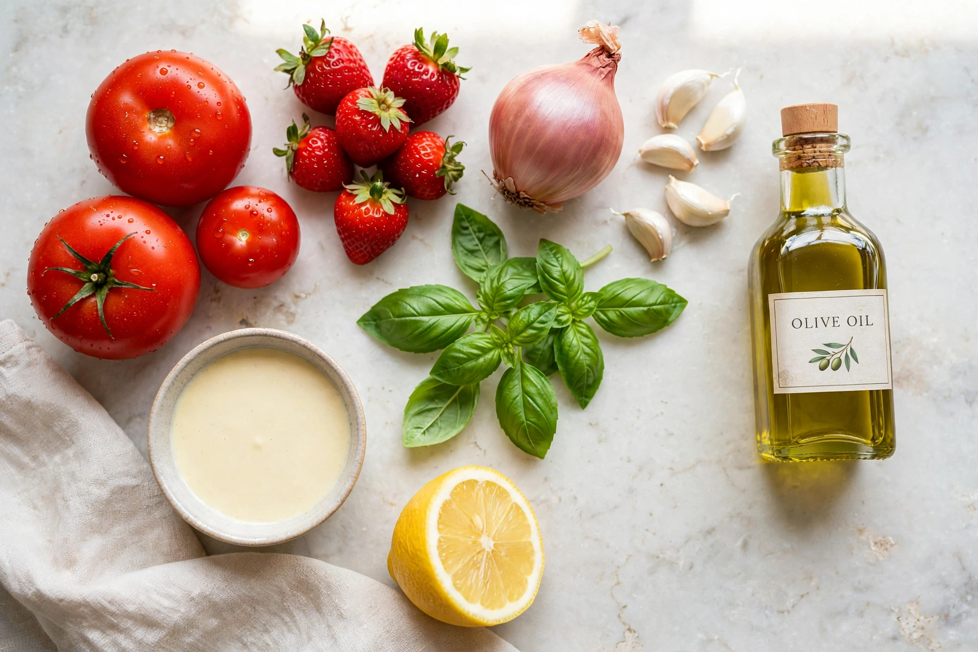 Tomaten Erdbeer Suppe Rezept – Zutaten im Überblick: reife Tomaten, frische Erdbeeren, Schalotte, Knoblauch, Basilikum, Olivenöl und Crème fraîche