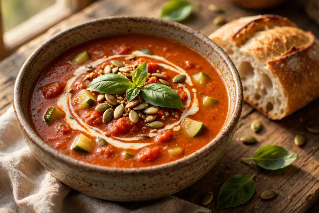 Tomaten Zucchini Suppe Rezept – cremige Tomaten-Zucchini-Suppe mit Sahne, Basilikum und Kürbiskernen
