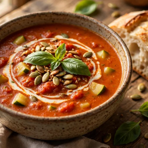 Tomaten Zucchini Suppe Rezept – cremige Tomaten-Zucchini-Suppe mit Sahne, Basilikum und Kürbiskernen