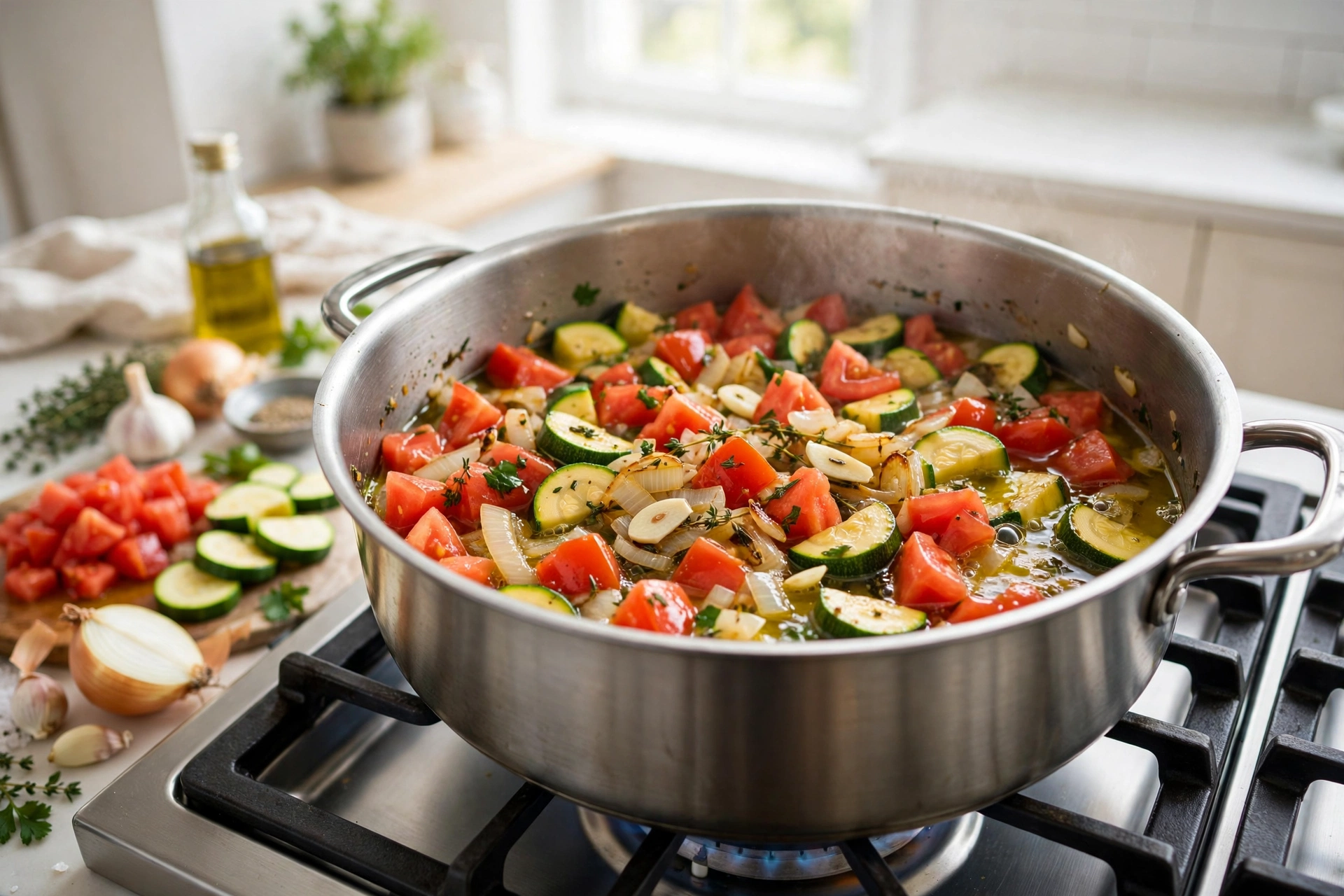 Tomaten Zucchini Suppe Rezept – gewürfelte Tomaten und Zucchini werden mit Zwiebeln und Knoblauch im Topf angedünstet