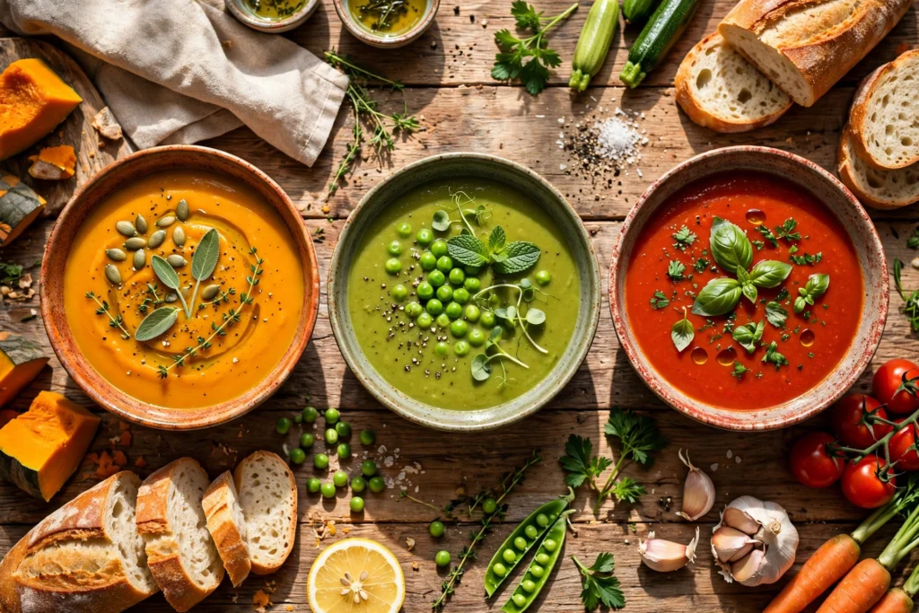 Vegane Suppe Rezept – bunte vegane Suppen in Schüsseln mit Gemüse und Brot