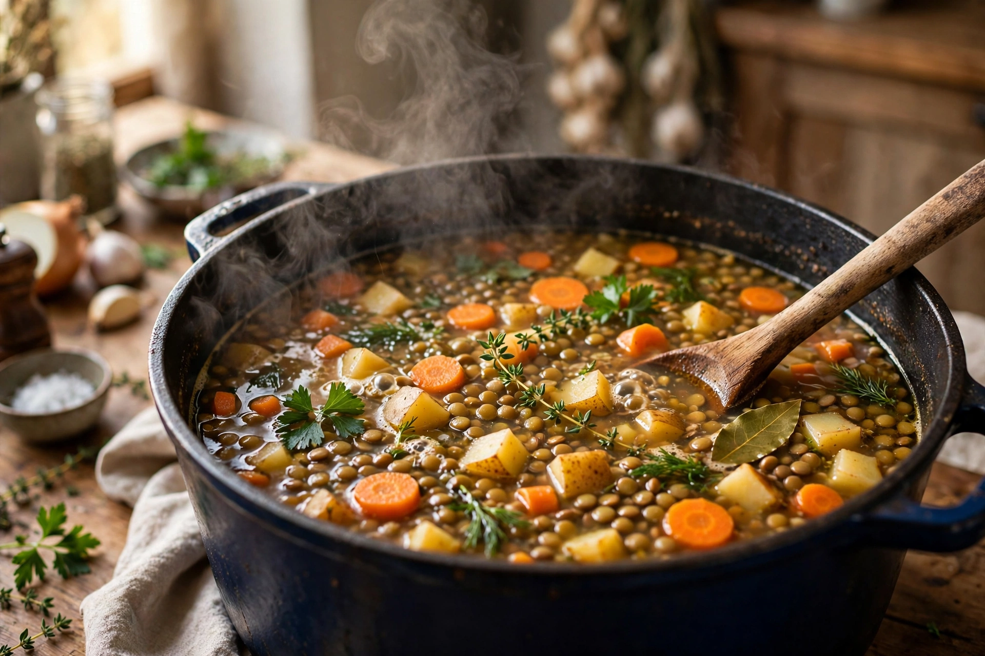 Vegane Suppe Rezept – dampfende vegane Gemüsesuppe wird in einem Topf gerührt