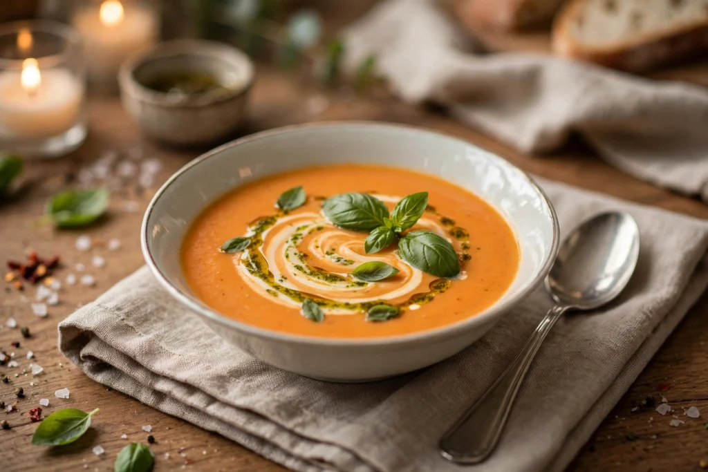 Vorspeise Suppe Rezept – elegante Tomatensuppe als Vorspeise in einer kleinen Schale auf einem gedeckten Tisch