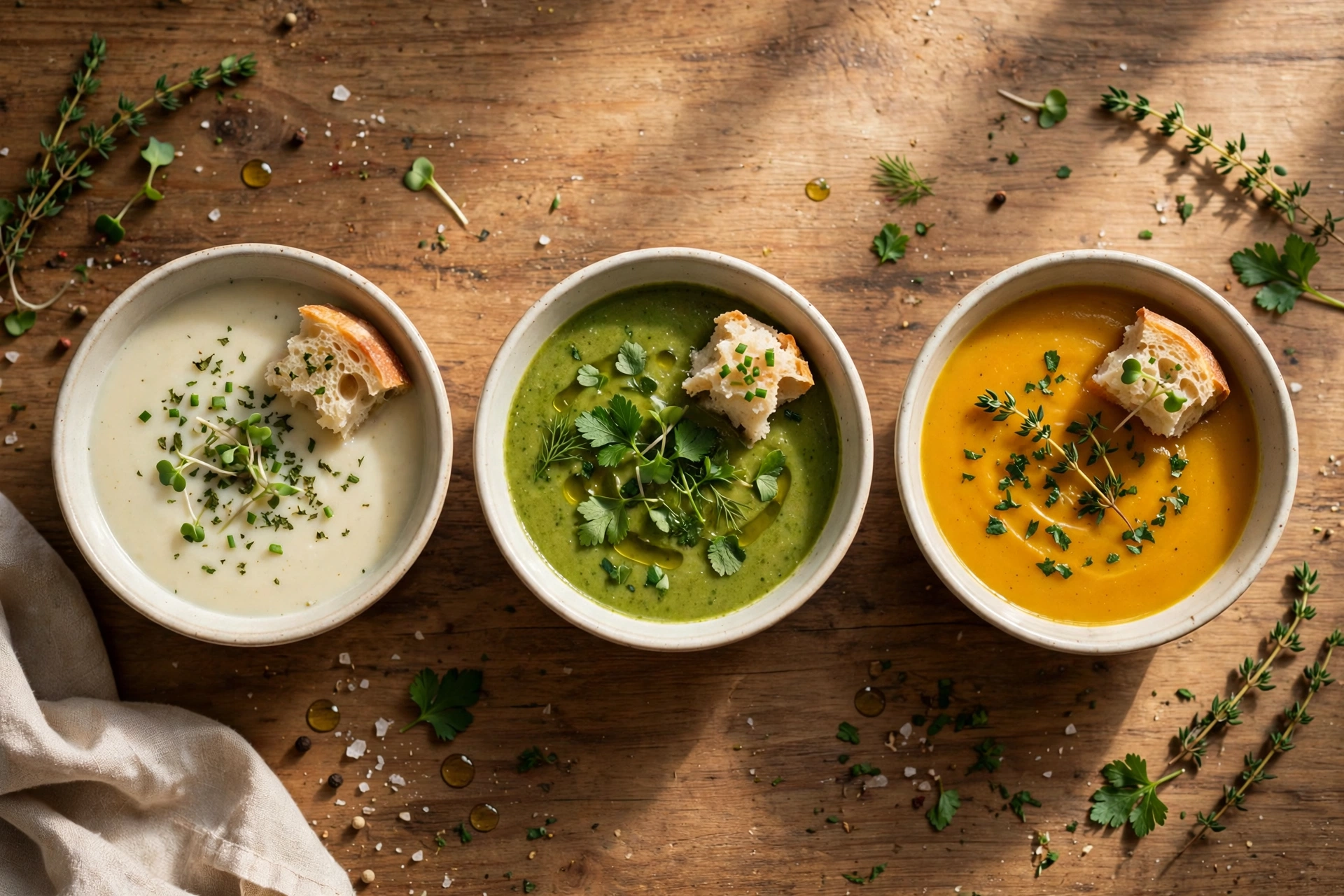Vorspeise Suppe Rezept – verschiedene kleine Vorspeisensuppen in eleganten Schalen auf einem gedeckten Tisch