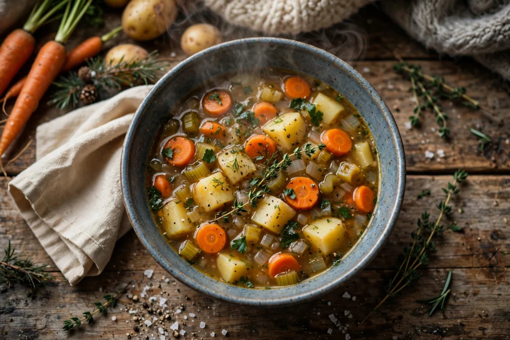 Wärmende Suppe Rezept – dampfende Kürbissuppe in einer Schüssel auf einem Holztisch