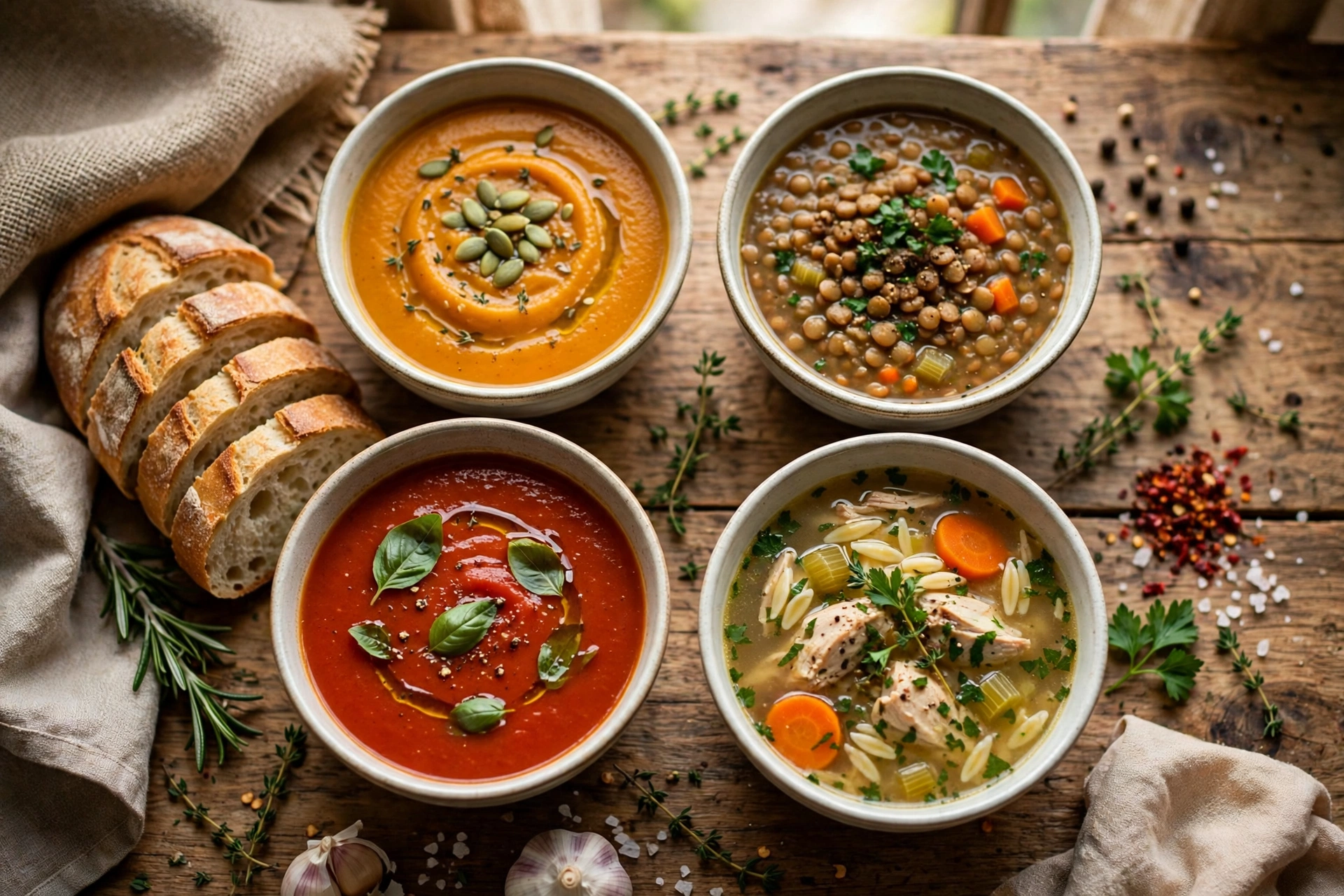 Wärmende Suppe Rezept – mehrere Schüsseln mit verschiedenen wärmenden Suppen, Brot und Kräutern auf einem Holztisch