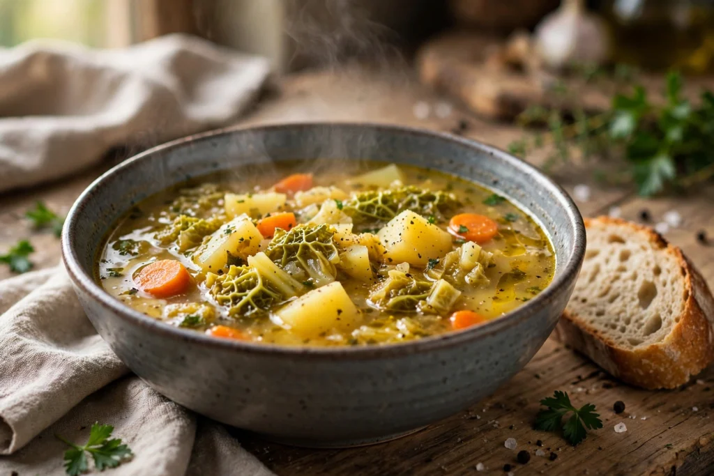 Wirsing Suppe Rezept – dampfende Wirsingsuppe mit Kartoffeln und Möhren in einer Keramikschüssel