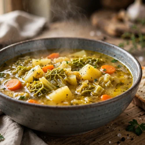 Wirsing Suppe Rezept – dampfende Wirsingsuppe mit Kartoffeln und Möhren in einer Keramikschüssel