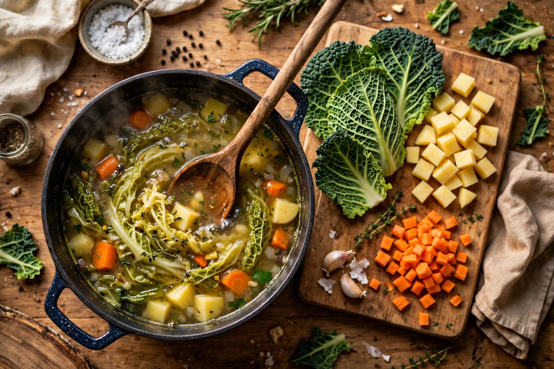 Wirsing Suppe Rezept – Topf mit köchelnder Wirsingsuppe und frischem Gemüse