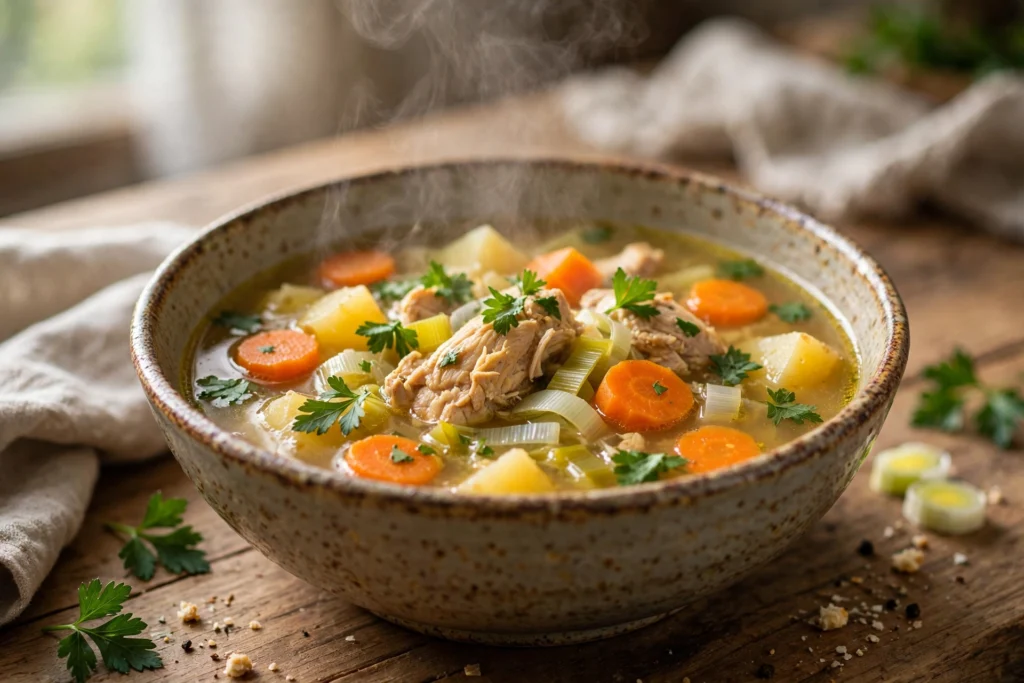 Wochenbett Suppe Rezept – dampfende Hühnersuppe mit Gemüse und Petersilie in einer rustikalen Schale