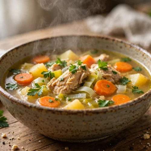 Wochenbett Suppe Rezept – dampfende Hühnersuppe mit Gemüse und Petersilie in einer rustikalen Schale