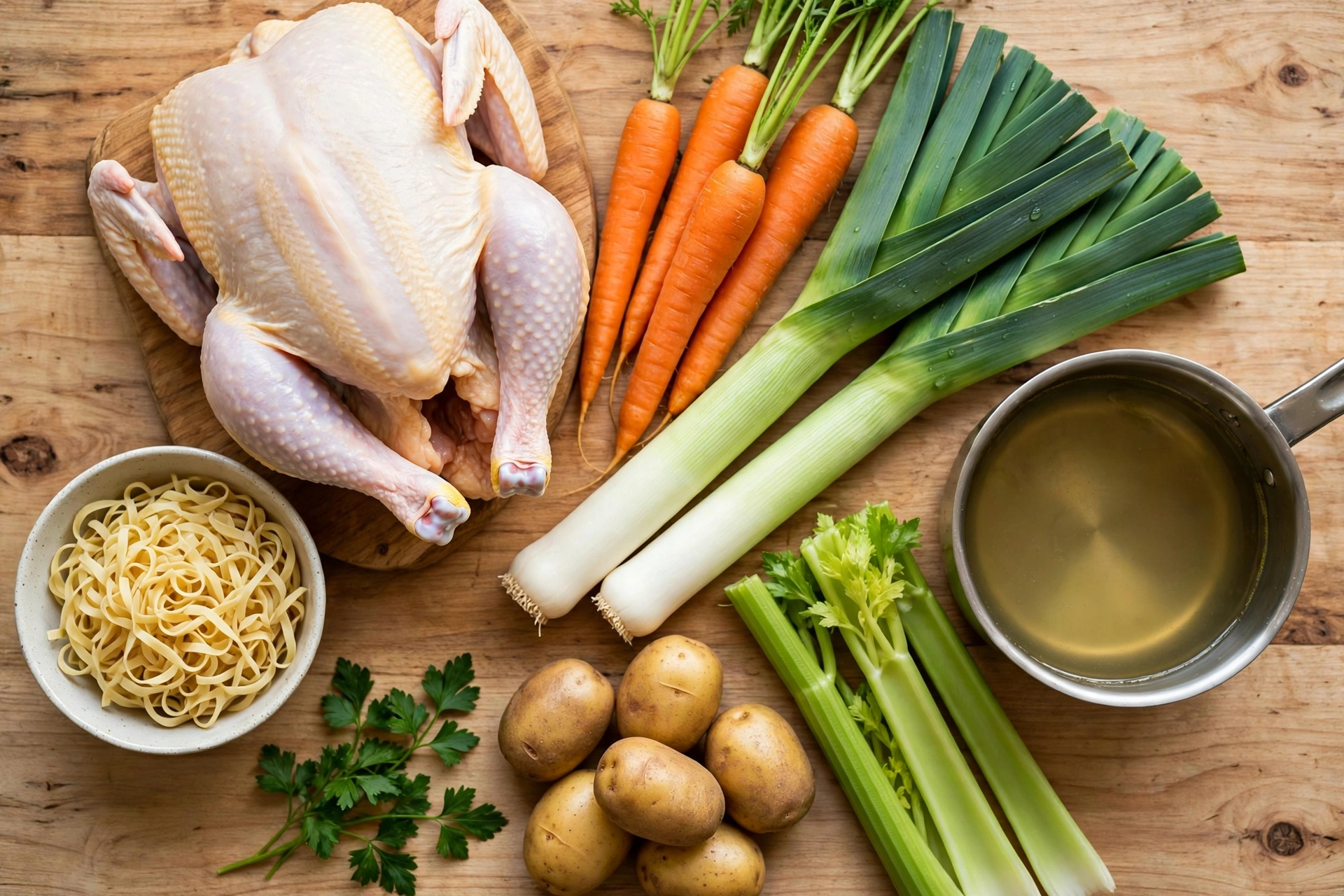 Wochenbett Suppe Rezept – frische Zutaten im Überblick: Hähnchen, Karotten, Lauch, Sellerie, Kartoffeln, Petersilie und Suppennudeln