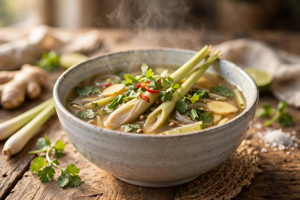 Zitronengras Suppe Rezept – dampfende Suppe mit Zitronengras, Ingwer und frischen Kräutern