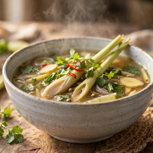 Zitronengras Suppe Rezept – dampfende Suppe mit Zitronengras, Ingwer und frischen Kräutern