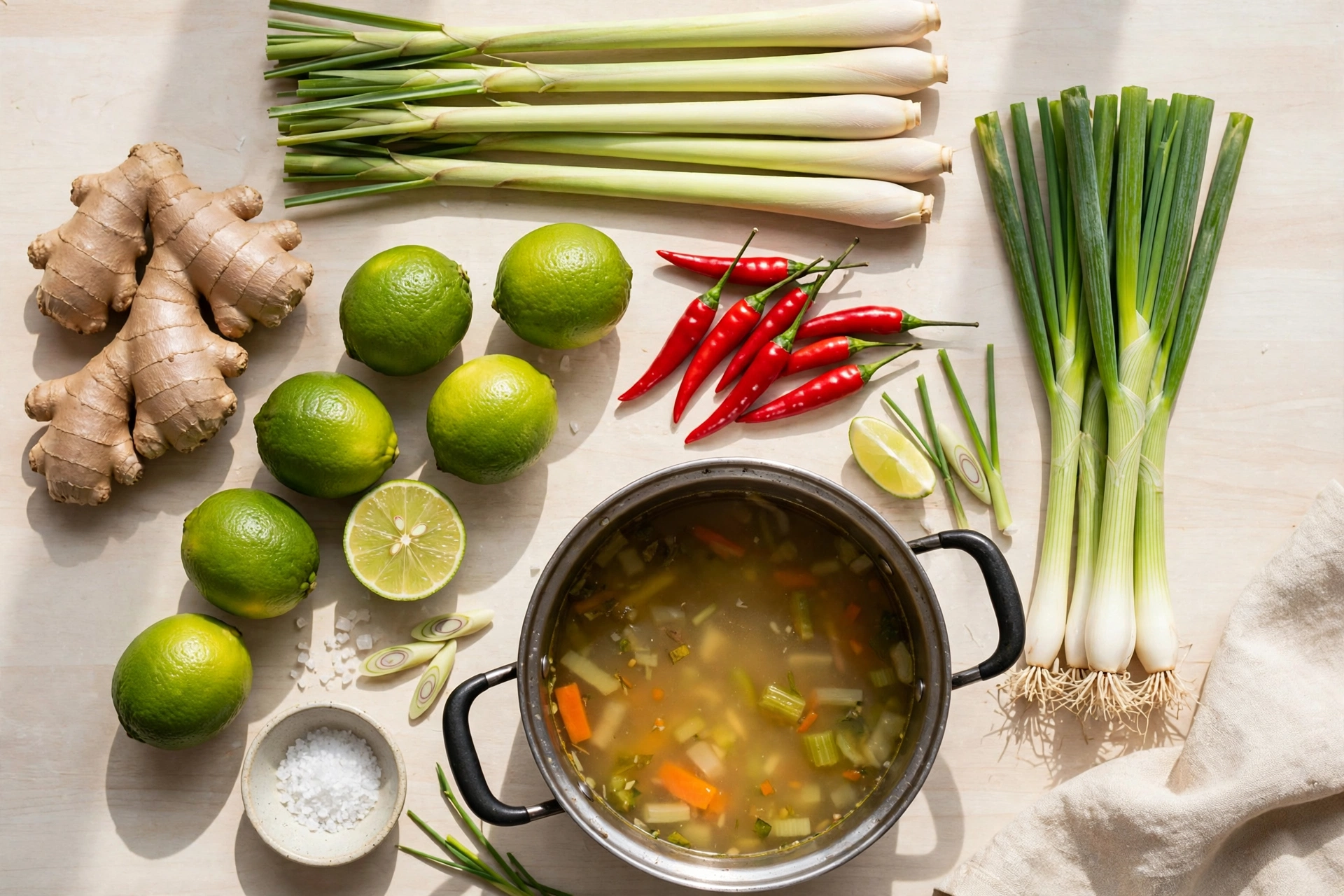 Zitronengras Suppe Rezept – frische Zutaten wie Zitronengras, Ingwer, Limette und Chili