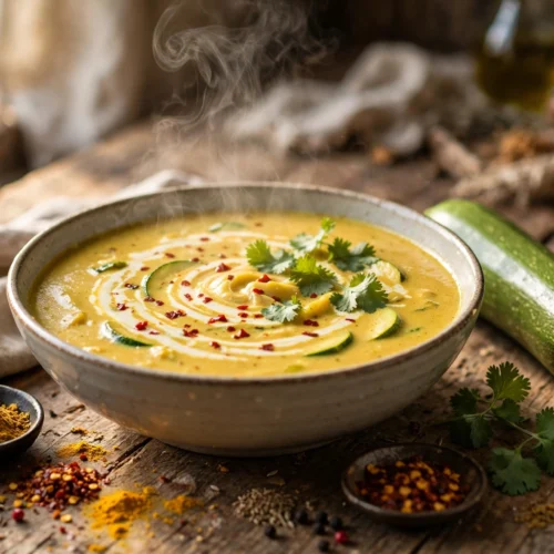 Zucchini Curry Suppe Rezept – cremige Suppe mit Kokosmilch, Koriander und Chiliflocken