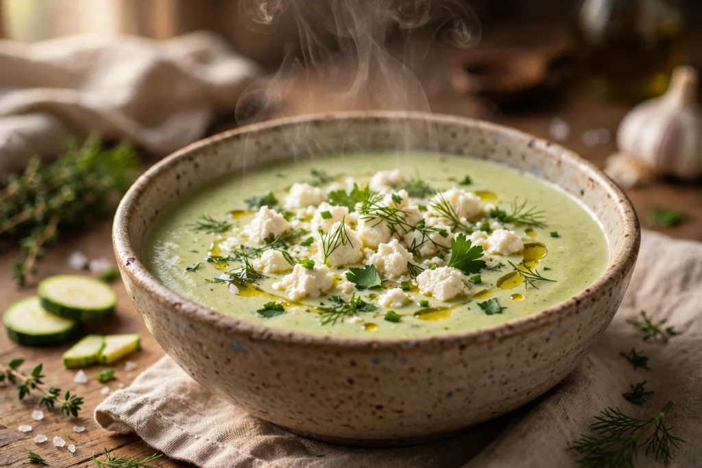zucchini feta suppe rezept – cremige Suppe mit zerbröseltem Feta, Kräutern und Olivenöl