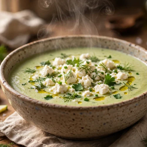 zucchini feta suppe rezept – cremige Suppe mit zerbröseltem Feta, Kräutern und Olivenöl