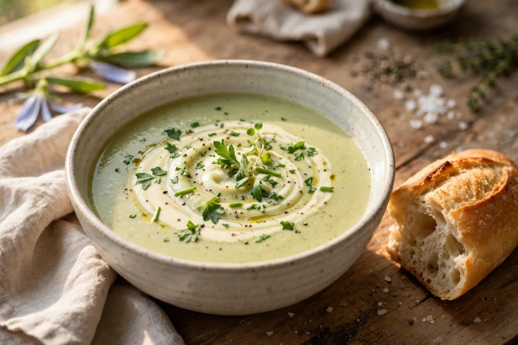 Zuckerhut Rezept Suppe – cremige Suppe mit Sahnehäubchen und Kräutern in einer Schüssel