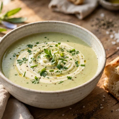Zuckerhut Rezept Suppe – cremige Suppe mit Sahnehäubchen und Kräutern in einer Schüssel