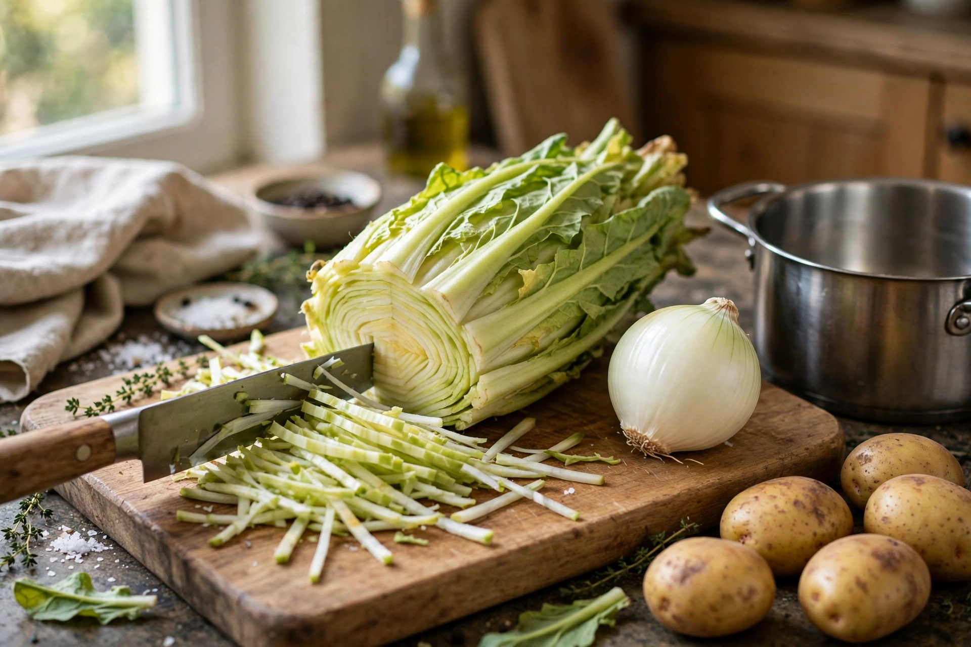 Zuckerhut Rezept Suppe – Zuckerhut in Streifen schneiden und Zutaten vorbereiten
