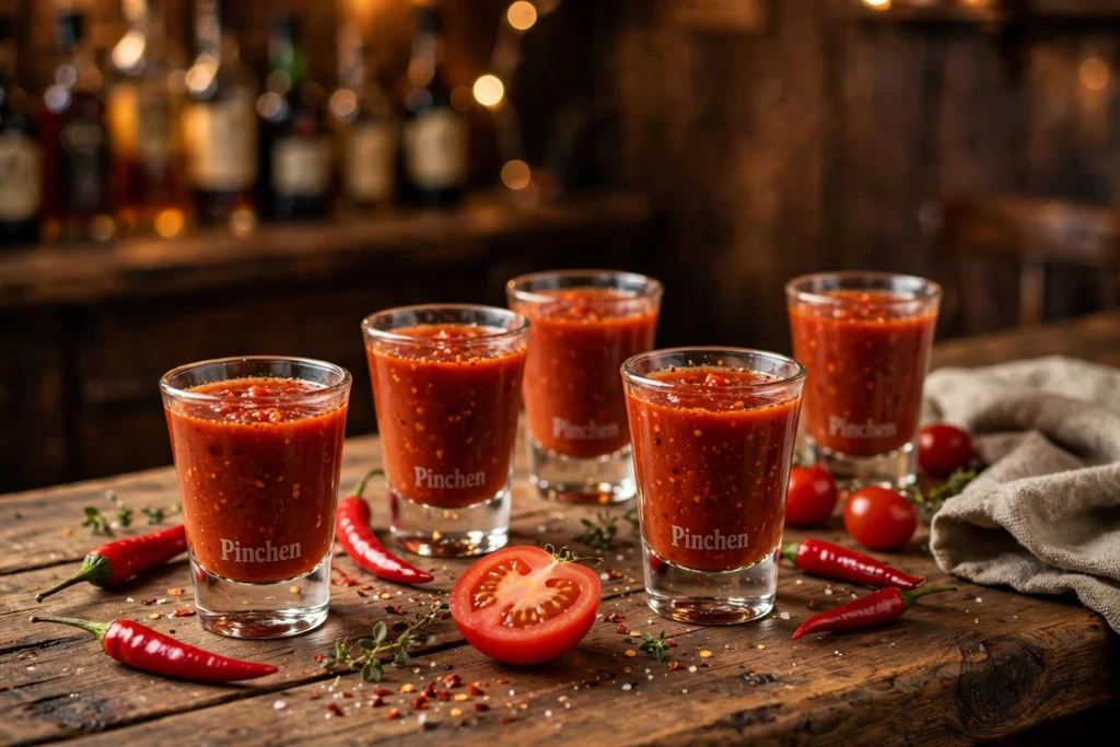 Mexikaner trinken Rezept – Pinchen mit scharfem Tomaten-Korn-Shot auf Holztheke