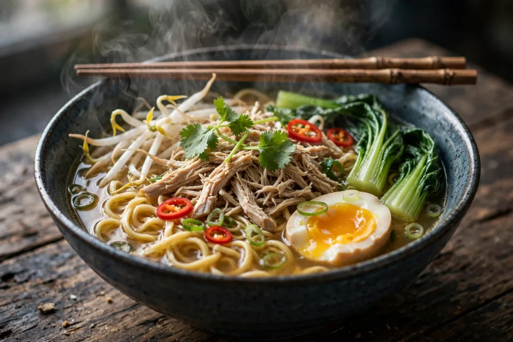 Mie Suppe Rezept – dampfende Schüssel Mie-Nudelsuppe mit Hähnchen, Pak Choi, Sprossen und wachsweichem Ei