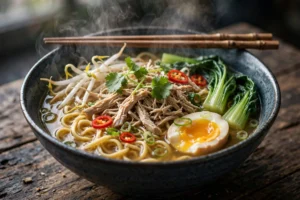Mie Suppe Rezept – dampfende Schüssel Mie-Nudelsuppe mit Hähnchen, Pak Choi, Sprossen und wachsweichem Ei