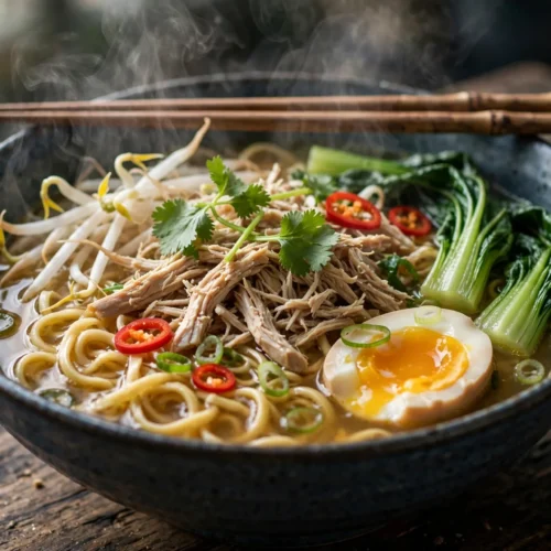 Mie Suppe Rezept – dampfende Schüssel Mie-Nudelsuppe mit Hähnchen, Pak Choi, Sprossen und wachsweichem Ei