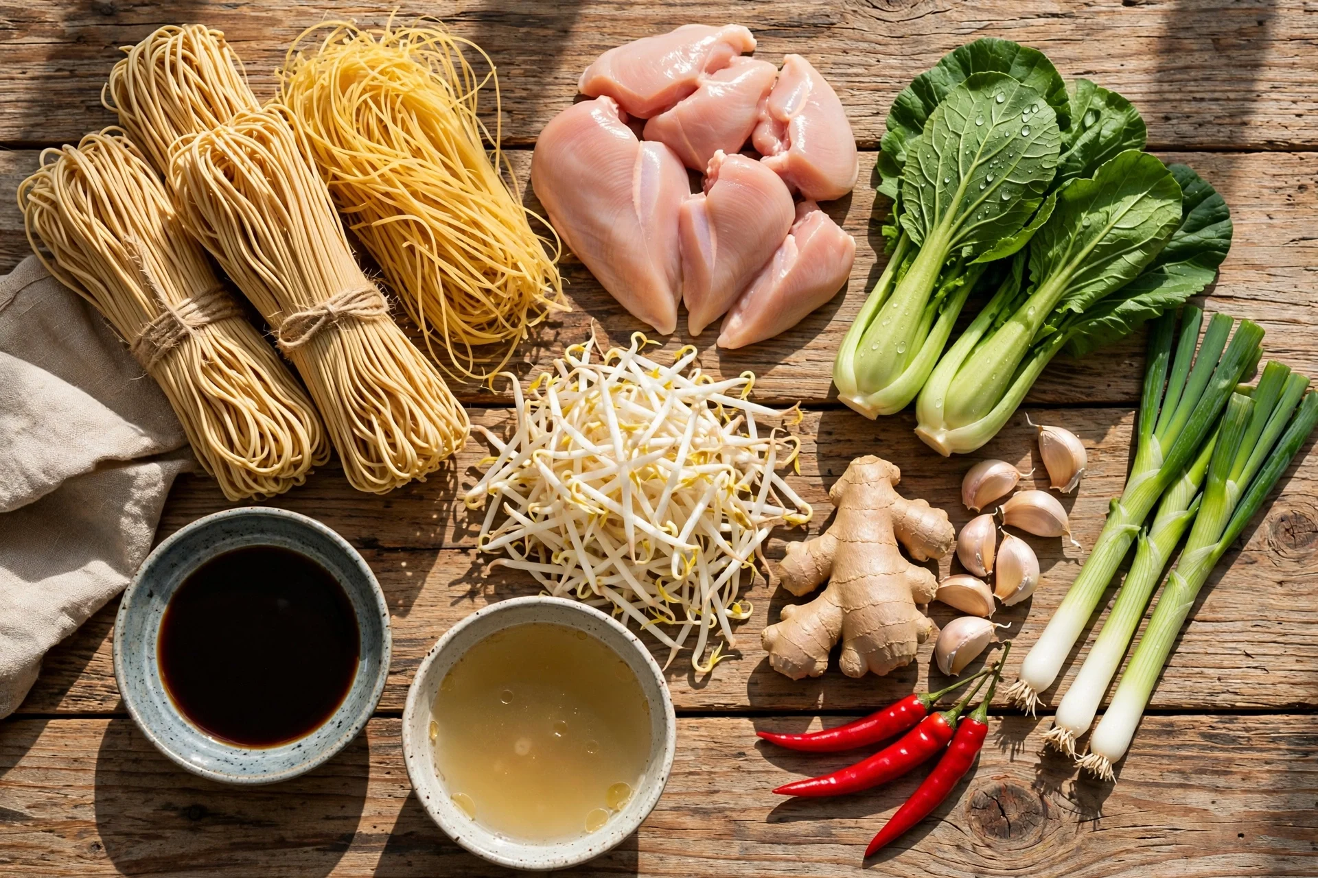 Mie Suppe Rezept – Zutaten im Überblick: Mie-Nudeln, Hähnchen, Pak Choi, Sprossen, Ingwer, Sojasauce und Brühe