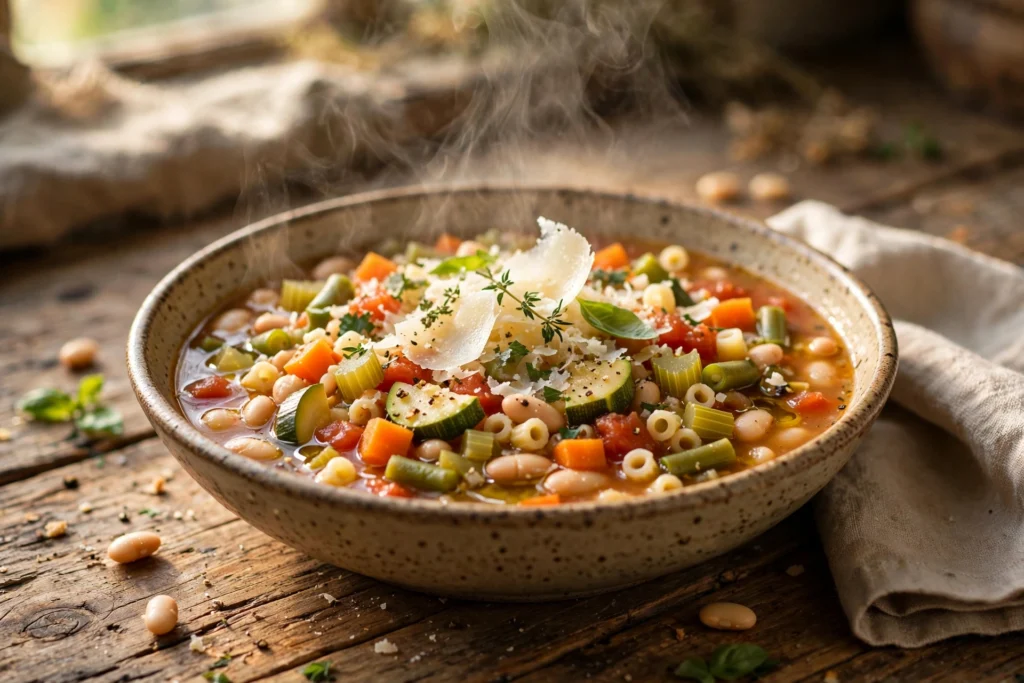 Minestrone Suppe Rezept – dampfende italienische Gemüsesuppe mit Bohnen, Pasta und Parmesan in einer Schüssel