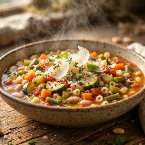 Minestrone Suppe Rezept – dampfende italienische Gemüsesuppe mit Bohnen, Pasta und Parmesan in einer Schüssel