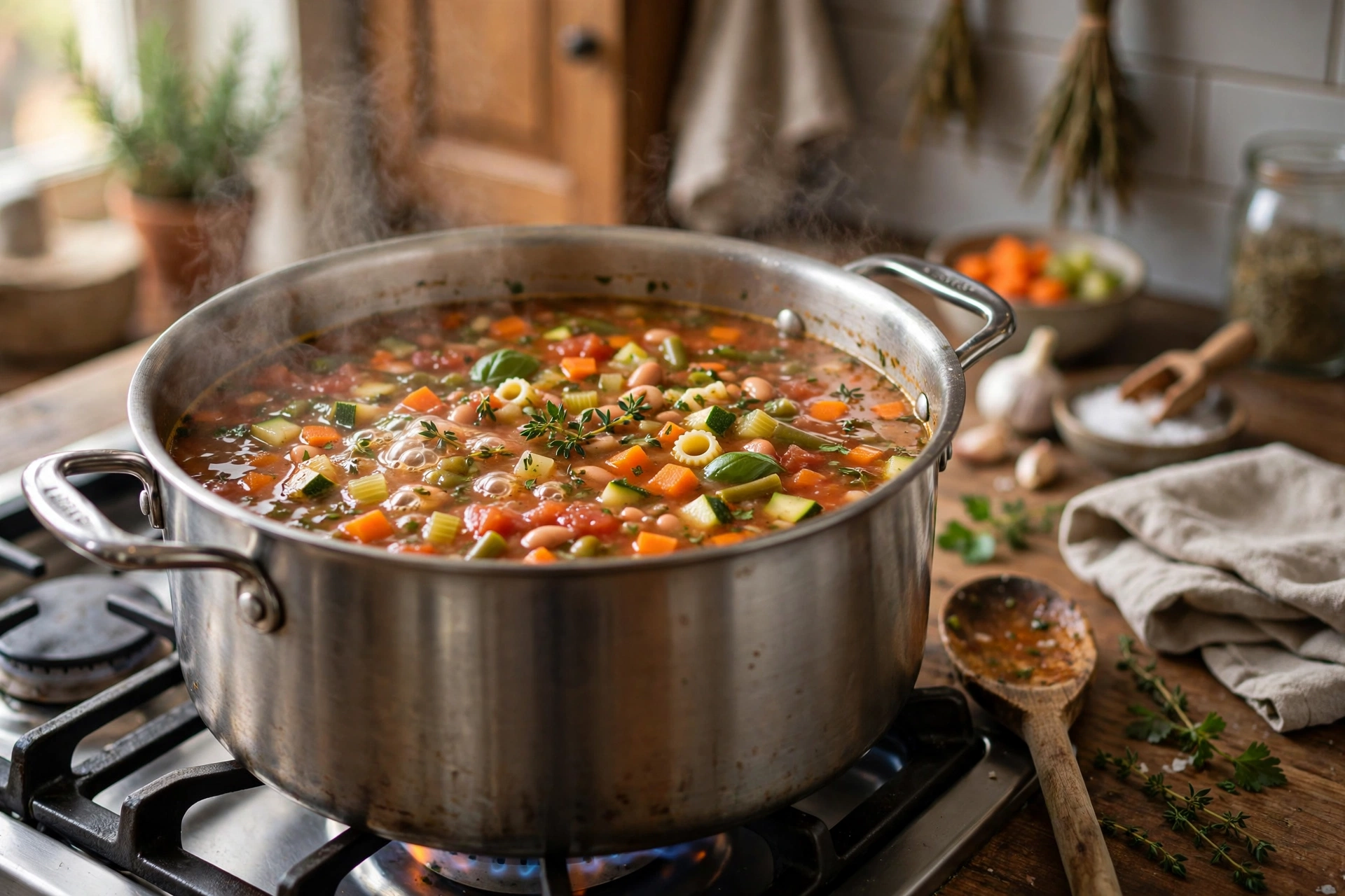 Minestrone Suppe Rezept – Gemüse, Kräuter und Bohnen köcheln sanft in einem großen Topf