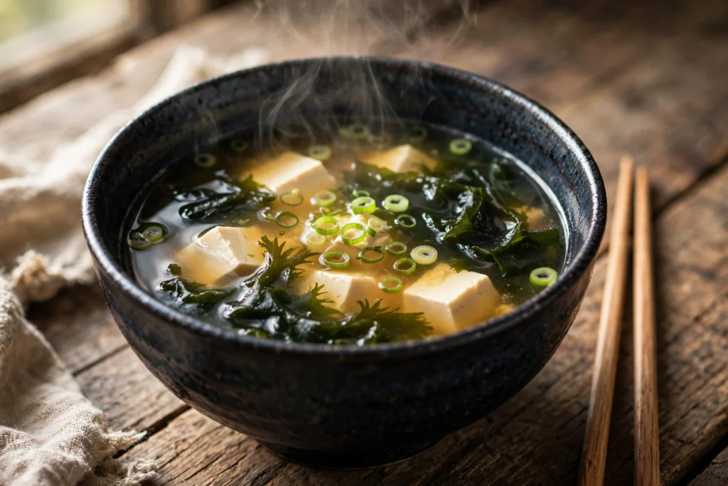 Miso Suppe Rezept – Japanische Misosuppe mit Tofu, Wakame und Frühlingszwiebeln in Keramikschale