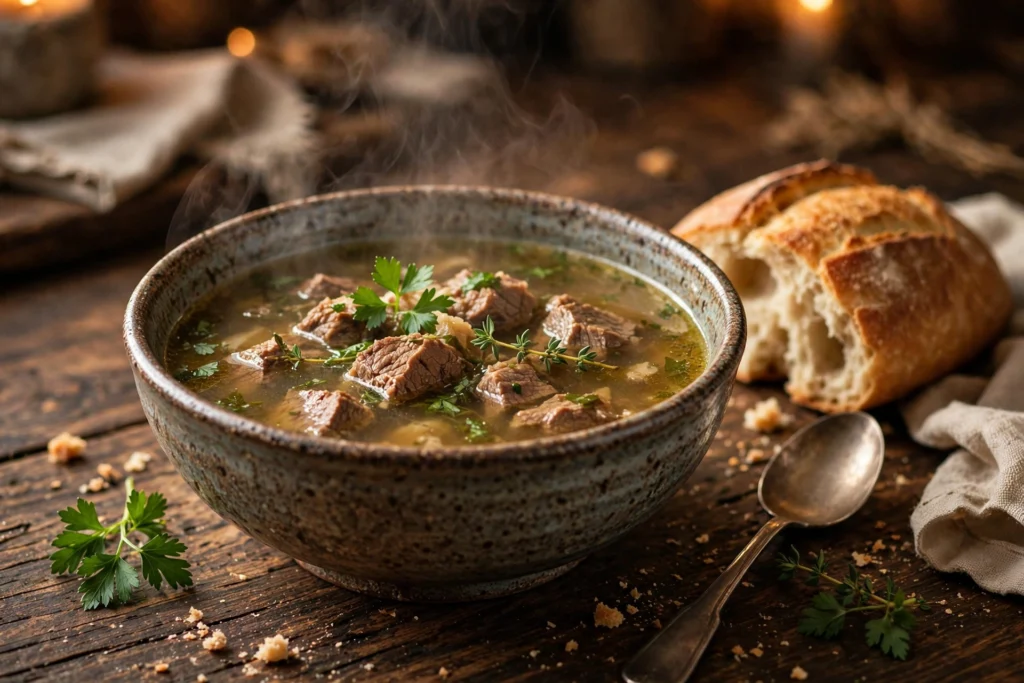 Mockturtle Suppe Rezept – dampfende englische Suppe mit zartem Rindfleisch und Kräutern