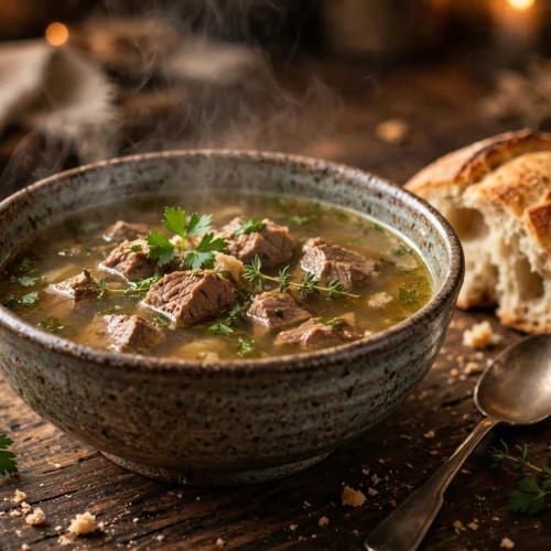 Mockturtle Suppe Rezept – dampfende englische Suppe mit zartem Rindfleisch und Kräutern
