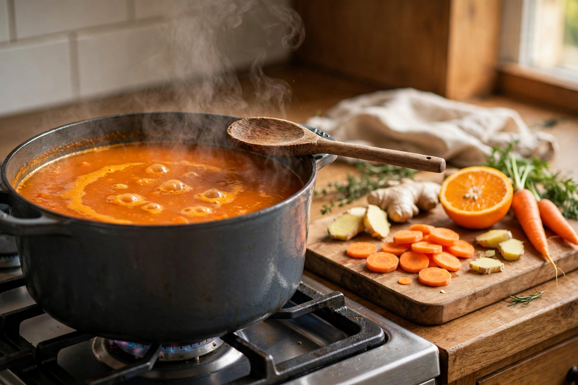 Möhren Ingwer Suppe Rezept – dampfender Suppentopf mit Möhren, Ingwer und Orange in der Küche