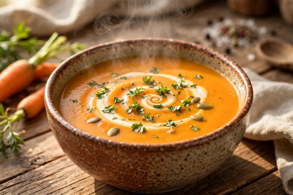 Möhren Suppe Rezept – cremige Möhrensuppe in rustikaler Schale mit Sahnehäubchen, Petersilie und Kürbiskernen