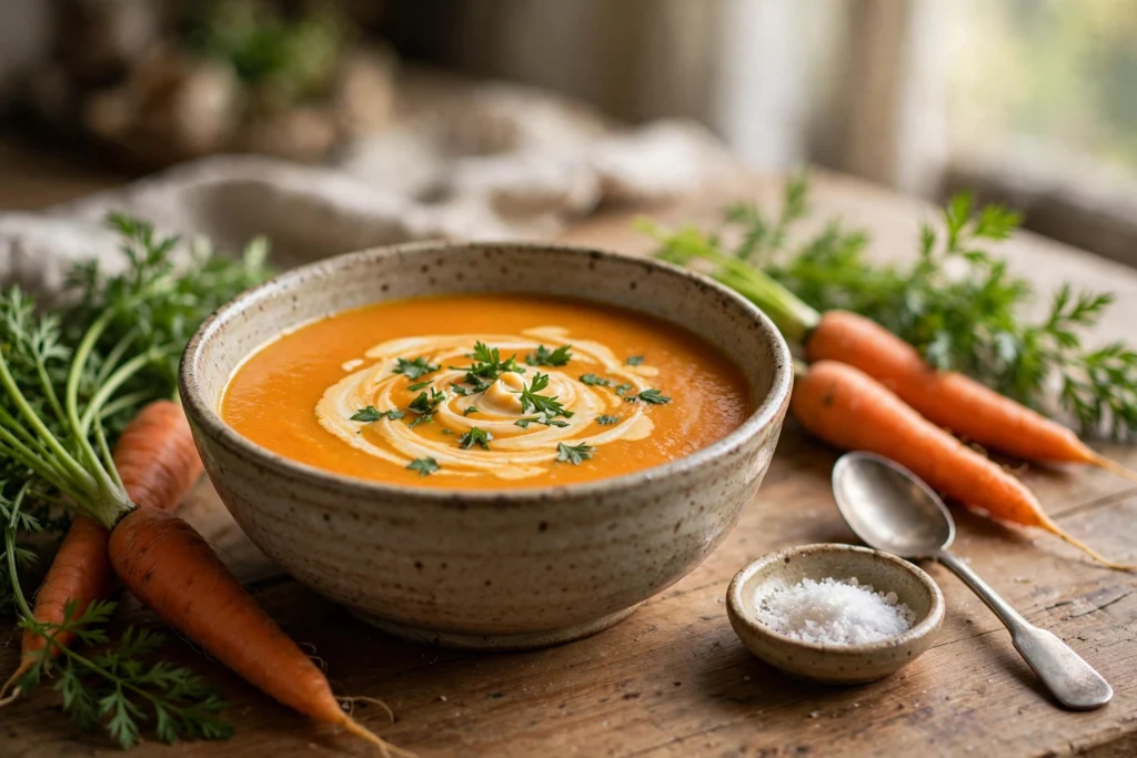 Morosche Suppe Rezept – cremige Möhrensuppe nach Ernst Moro mit Sahnehäubchen und Petersilie in rustikaler Schale