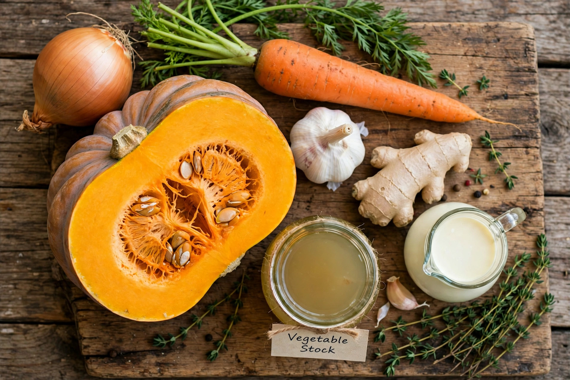 Moschuskürbis Suppe Rezept – Zutaten im Überblick: Moschuskürbis, Karotte, Zwiebel, Ingwer, Sahne und Thymian auf einem Holzbrett