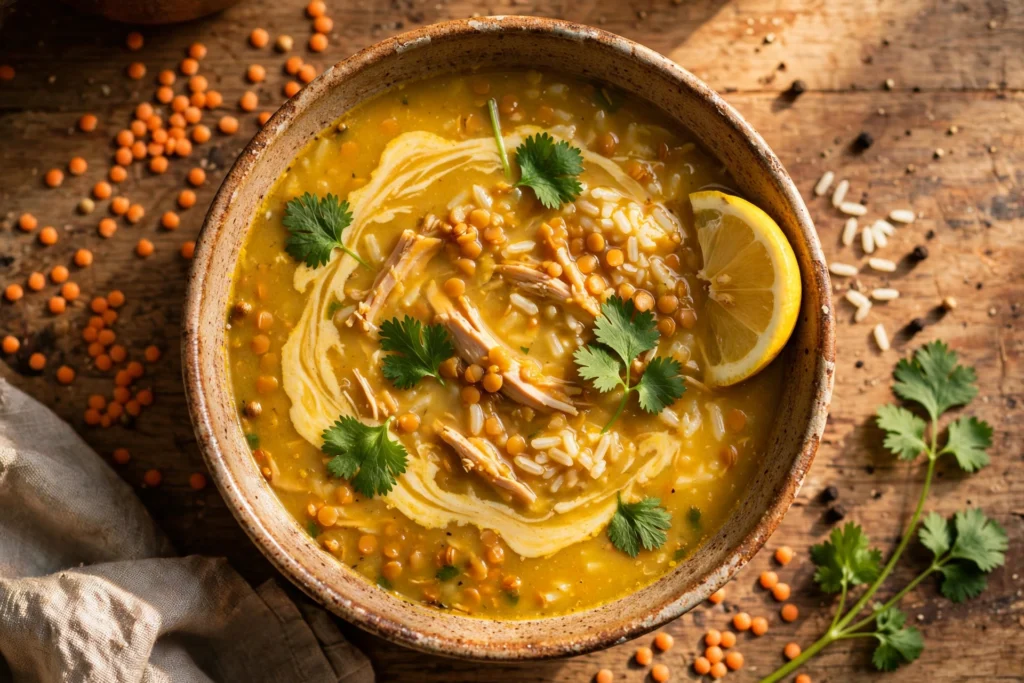 Mulligatawny Suppe Rezept – goldgelbe Mulligatawny-Suppe mit Hähnchen, Linsen und Reis in einer rustikalen Schale, garniert mit Koriander