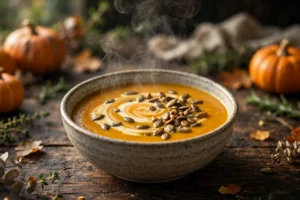 Muskatkürbis Suppe Rezept – cremige Kürbissuppe mit Sahneswirl und gerösteten Kürbiskernen in rustikaler Schale