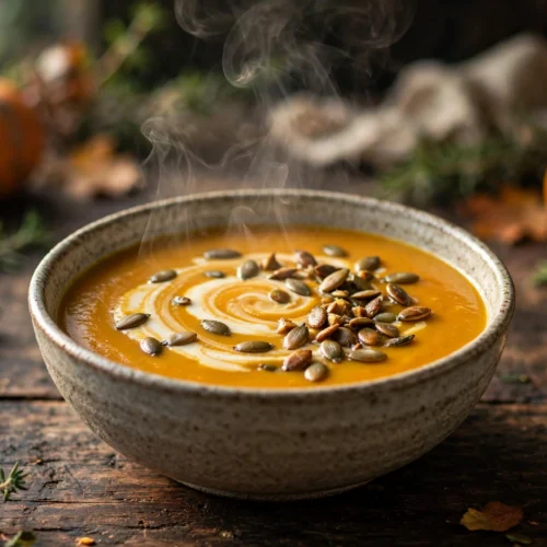Muskatkürbis Suppe Rezept – cremige Kürbissuppe mit Sahneswirl und gerösteten Kürbiskernen in rustikaler Schale