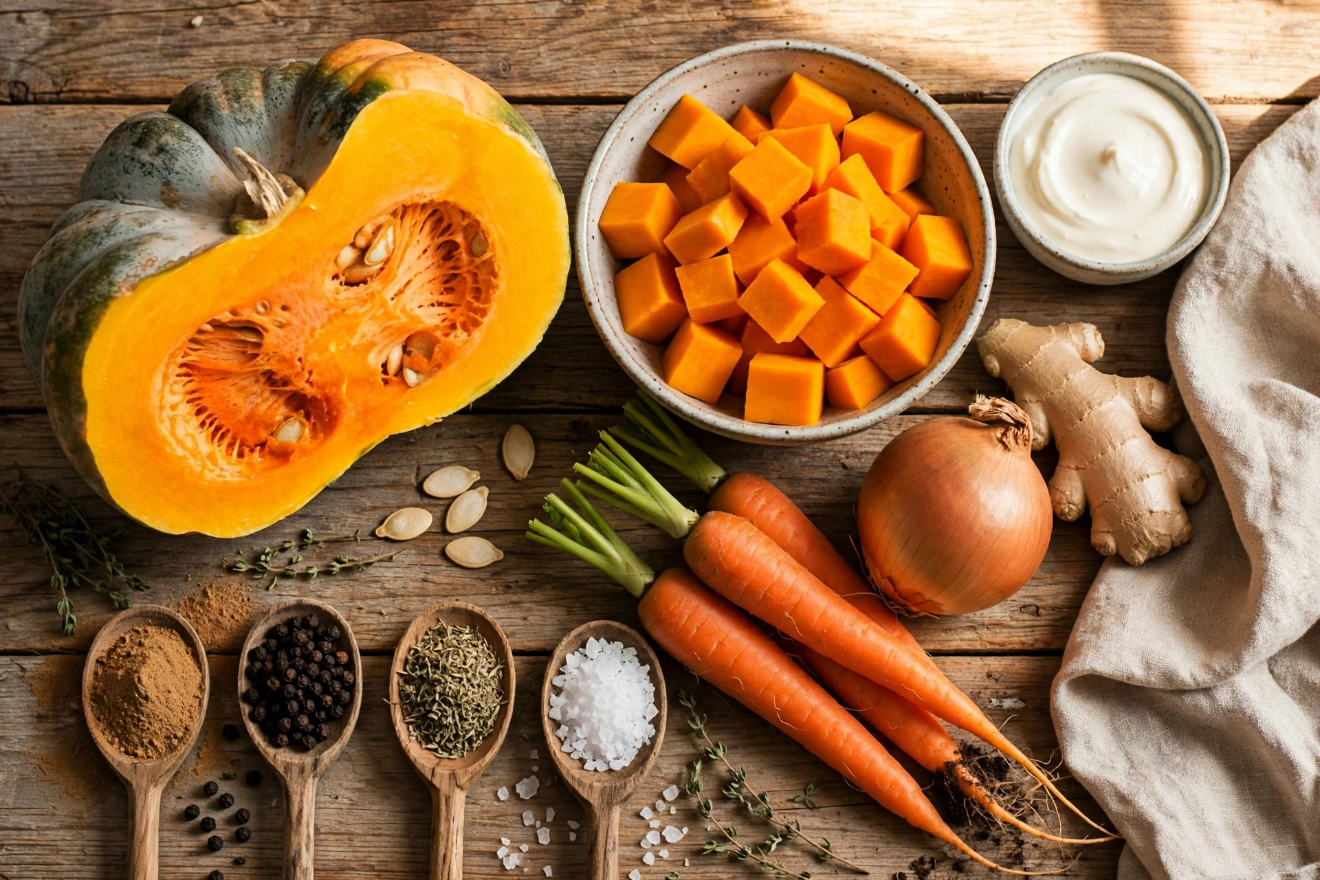 Muskatkürbis Suppe Rezept – Zutaten im Überblick: halbierter Muskatkürbis, Kürbiswürfel, Karotten, Zwiebel, Ingwer, Sahne und Gewürze auf einem Holztisch